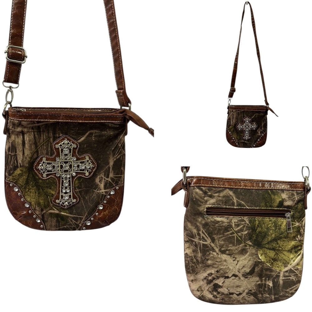 Camouflage Rhinestone Cross Studded Crossbody Purse Camo 9 x 10 inches